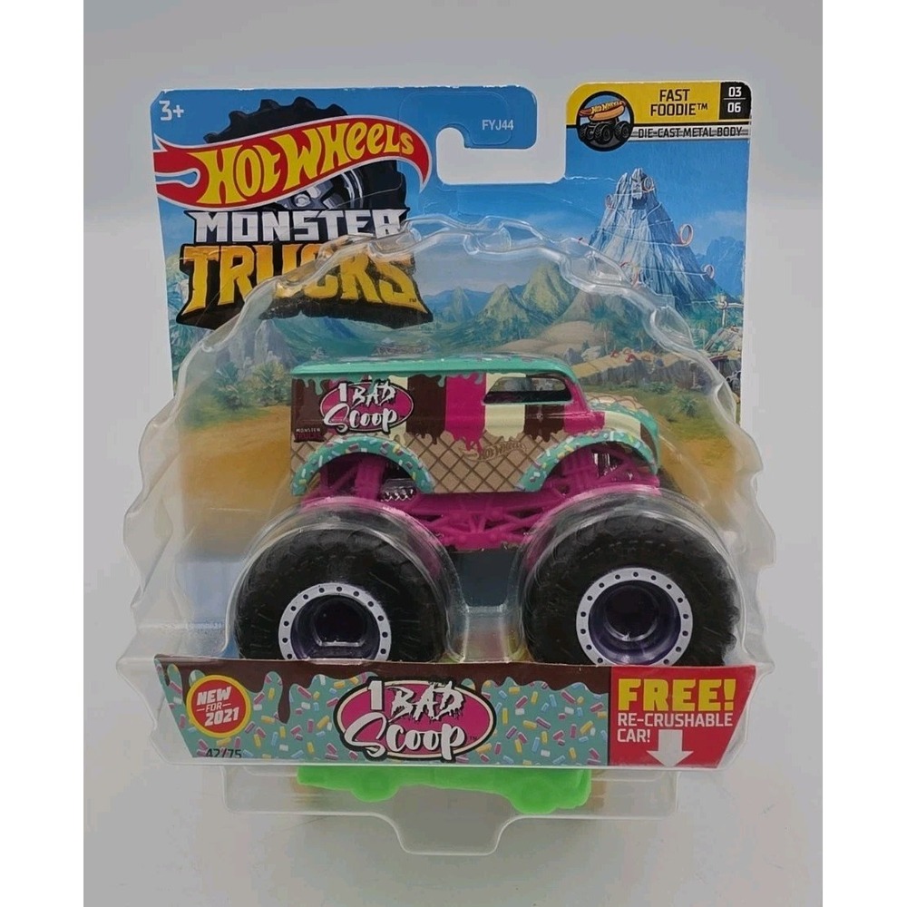 Hot Wheels Monster Trucks 1 Bad Scoop 2021 1:64 Diecast w/ Re-Crushable Car